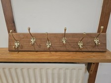 Vintage English Wooden Oak Ash Coat Rack Brass Hook Hanger Clothes Hanging Metal