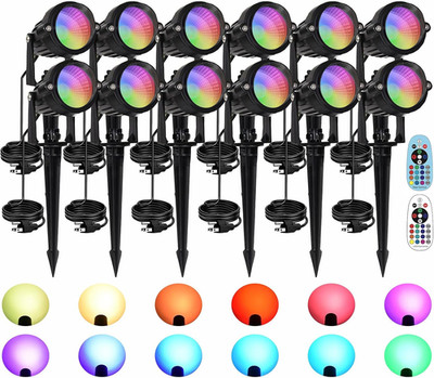 10W RGBW LED Landscape Spotlights with Remote, 16 Colors, 12 Pack, IP68 Waterpro