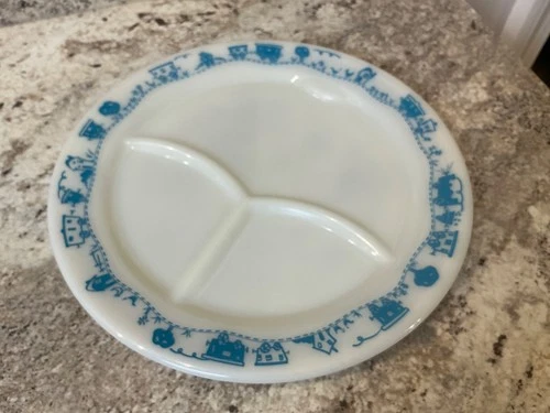 Vintage PYREX Child's Divided Plate Teal Trains Pattern 9.5"