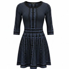 Nina Leonard Geometric Blue Black Flare Sweater Dress Size Small NWT Mini