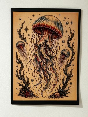 Vintage Qualle A4 Kunstdruck | Maritim Ozean Marine Wandbild ungerahmt Deko