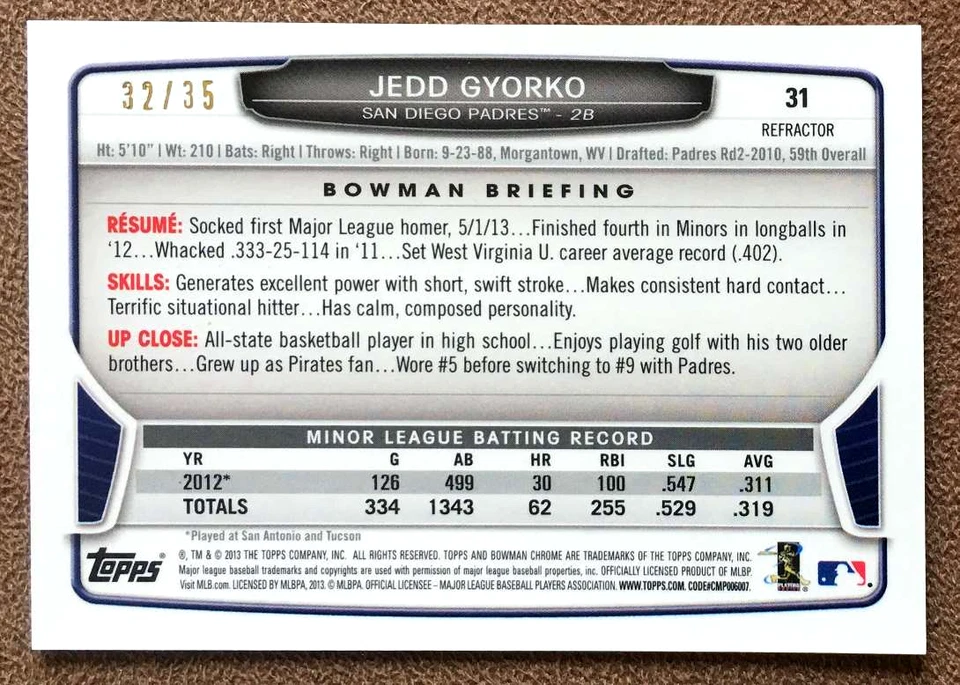 2013 Bowman Chrome Black Refractor Rookie #31 Jedd Gyorko /35 Padres Parallel RC - Image 2 of 2