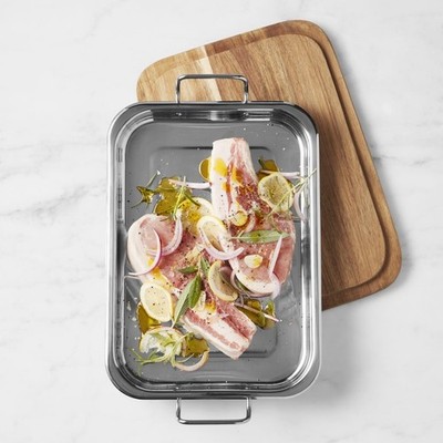 Stainless-Steel Grill Marinade Tray with Wood Lid-Williams Sonoma|44478