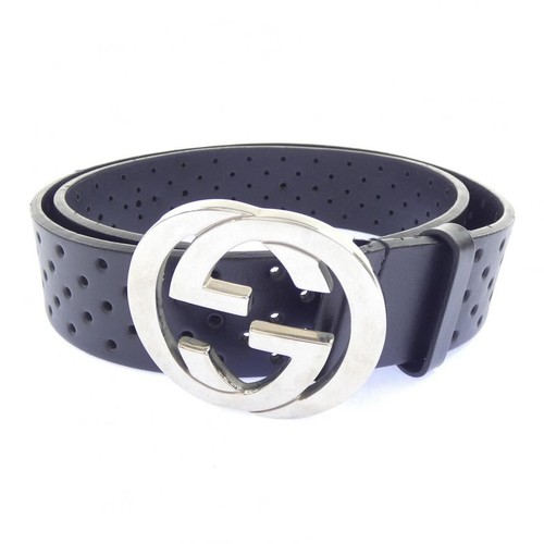 Gucci Black Leather Dress Belt Silver Logo Mens Size 34 114876 4cm 85cm