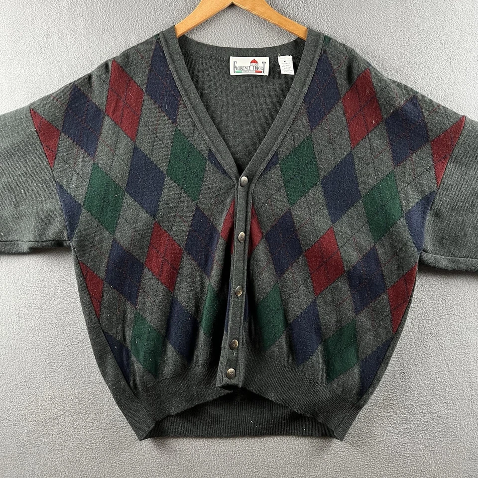 Florence Tricot 毛衣男式 XL 灰色 Argyle 开衫羊毛混纺意大利制造 — 第 2/4 张图片