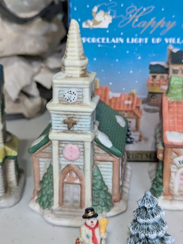 Happy Holidays porcelain Christmas Village 8 Piece Light Up Set - Picture 4 of 15