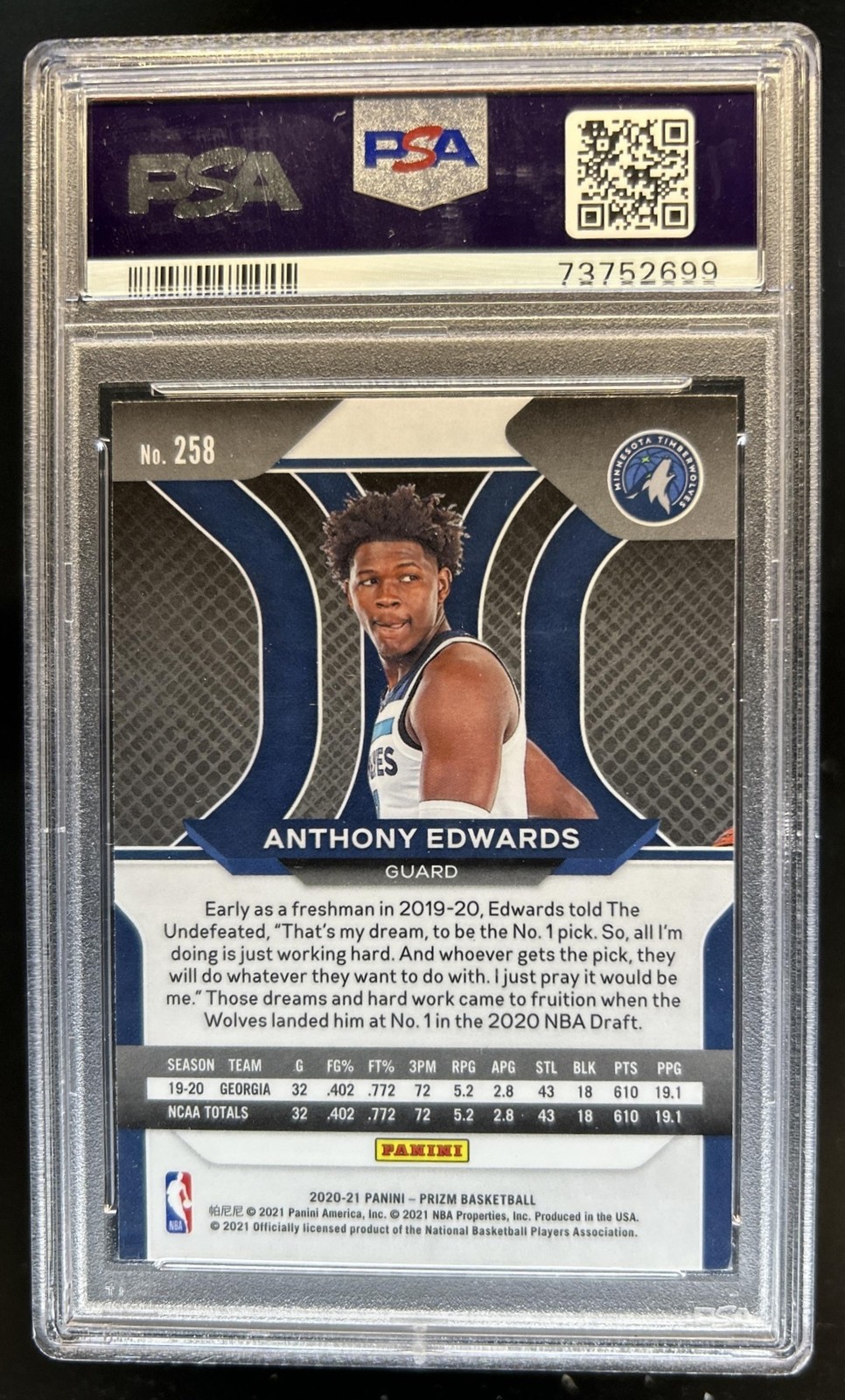 2020-21 Panini Prizm Anthony Edwards RC Rookie #258 Timberwolves PSA 6 view 2