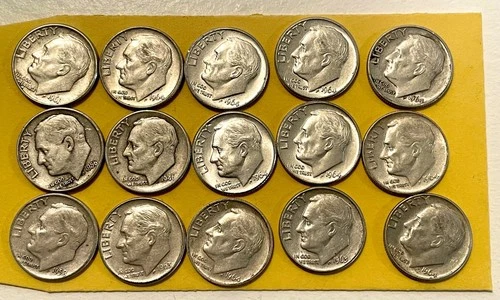 Roosevelt Dimes 90% Silver Circulated Lot Of 15 assorted years  1946 1956 more!
