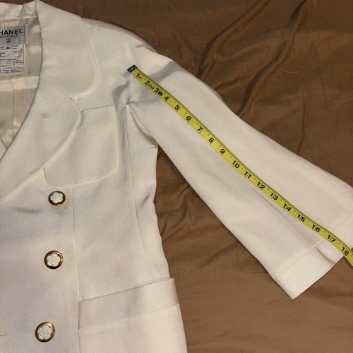 Vintage 1990’s Chanel 2 Piece Jacket Skirt Suit Cotton Pique Cream White Size 44 - Picture 15 of 18