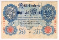 1914 Germany 20 Mark 2136160 Reichsbanknote Paper Money Banknotes