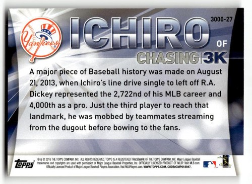 2016 Topps #3000-27 Ichiro Chasing 3K - Picture 2 of 2