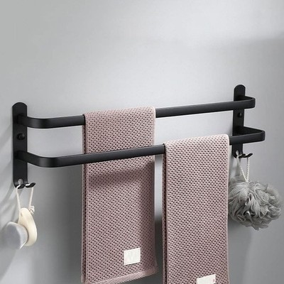 Handtuchhalter 2 Ebenen Wandmontage 50 cm Aluminium mit Haken - Schwarz