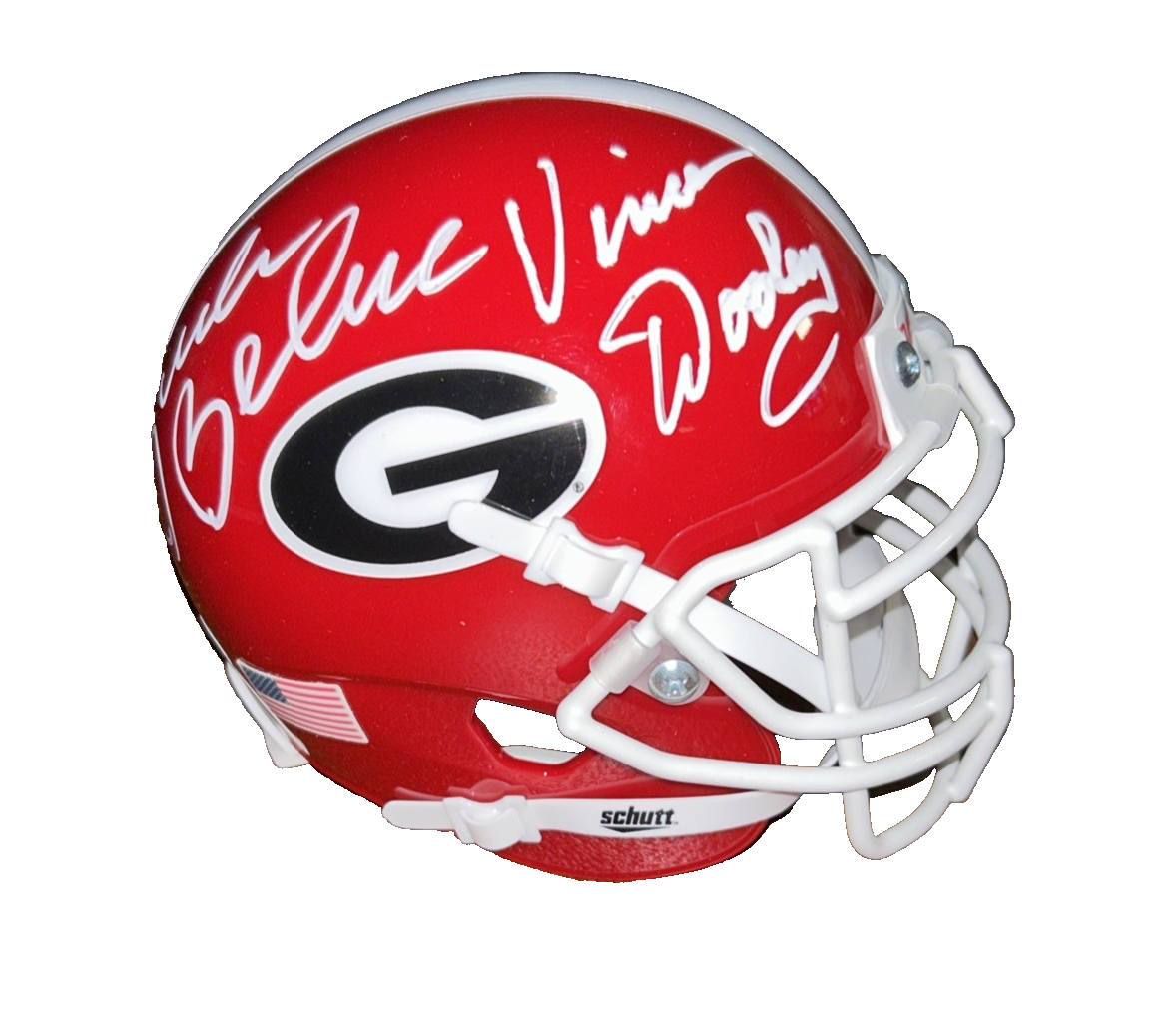Vince Dooley Autographed Signed Georgia Bulldogs & Buck Belue Georgia Schutt Mini Helmet w/ Proof JSA 