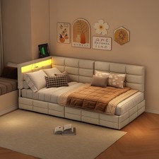 Polsterbett 90x200 mit LED Stauraum USB-Bettgestell mit Lattenrost/2 Schubladen