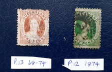 Australia Queensland 1871 penny vermilion and 1874 6d green stamps