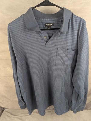 Van Heusen Polo Shirt Mens XL Blue Cotton Long Sleeve Grid Placket Pocket Sporty