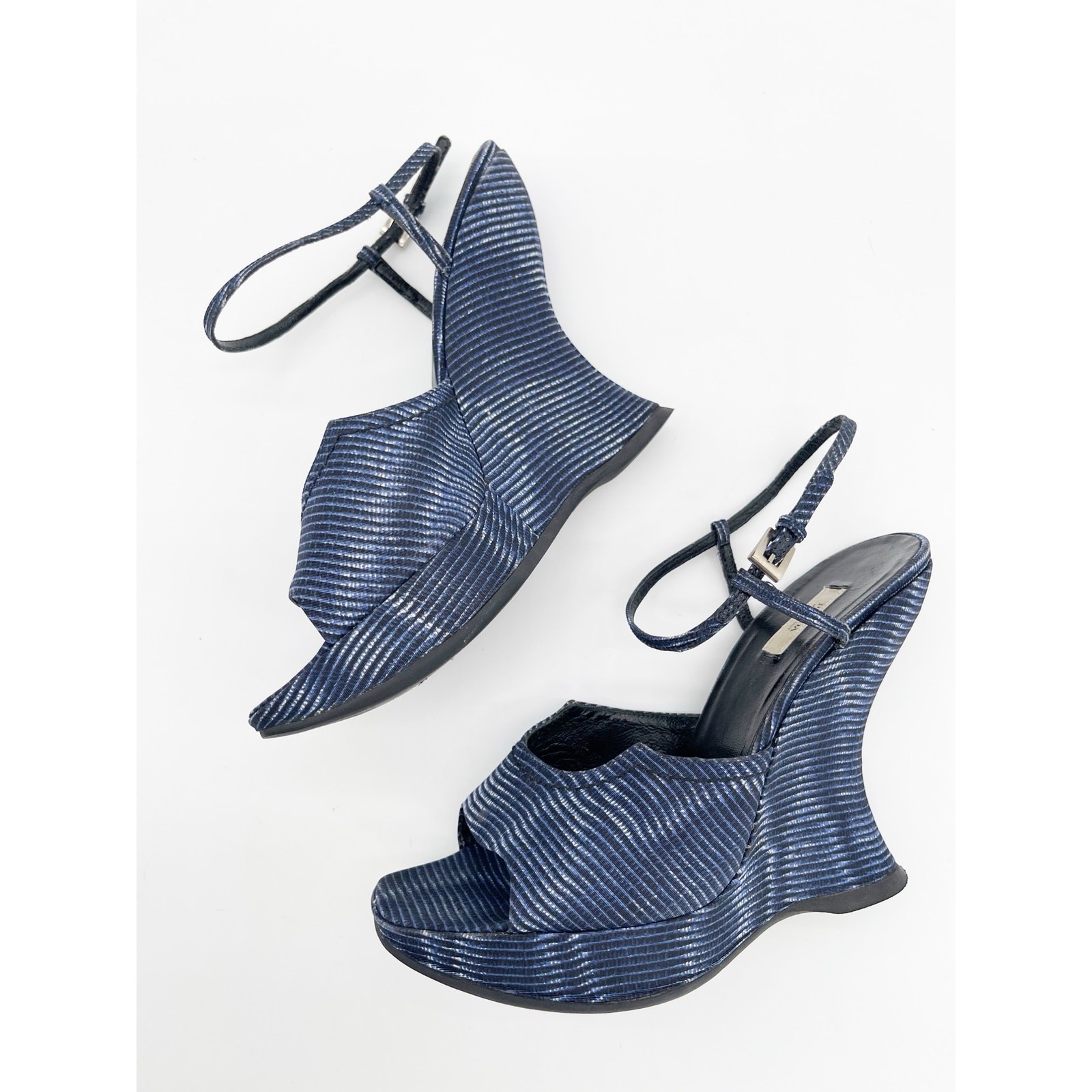 Prada Vintage Fall 2004 Runway Blue Wavy Striped Platform Wedge Sandals IT 38.5 image 6