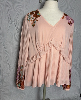 DR2 Pink Floral Chiffon Pleated Ruffle V-Neck Long Sleeve Blouse Women XL