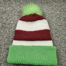 Christmas Stripe Hat Beanie Size Med Green Removable Pom Red White Knit Warm