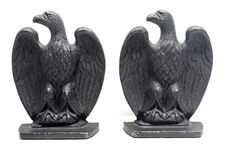 Antique Black Cast Iron American Eagle Bookends - Pair w/ Spread Wings