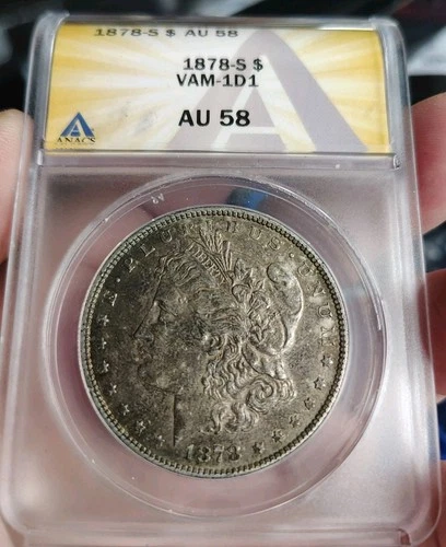 1878-S Morgan Dollar ANACS AU58 VAM 1D1 lines in tailfeathers 1878 S Silver $1