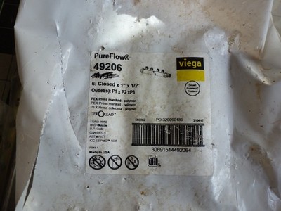 10- Viega PureFlow 49206 -6 CLOSED Outlets 1'' x 1/2'' Press Polysulfone Manifold