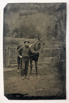 Unique Antique Victorian Tintype Photo Cowboy Working Man and Horse Outdoor Farm