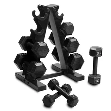 Cap Barbell 100 Lb Cast Iron Hex Dumbbell Weight Set With Storage Rack Anti-Roll