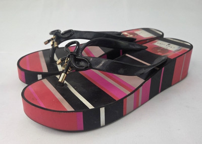 Kate Spade Platform Flip Flop Sandals Womens 9 Black Pink Stripe Bow Slip On