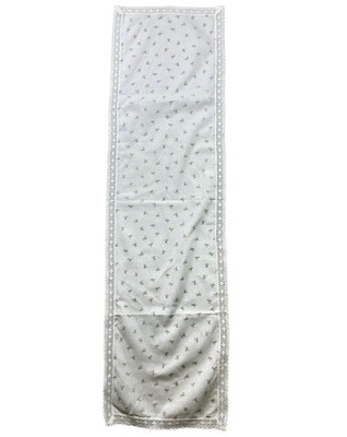 Vintage Rose Floral Linen Table Runner with Delicate Lace Trim White Classic