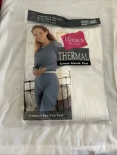 Hanes Her Way Thermal Underwear Top Women Vintage 1997 White Waffle Knit NOS-Med