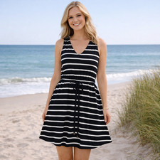Loft Striped Sleeveless V-Neck Shirt Dress Drawstring Waist Women's Large Black