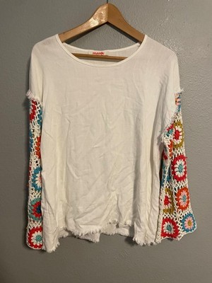 Mazik Tunic Womens Small Granny Square Crochet Bell Sleeve Fringe Boho Festival