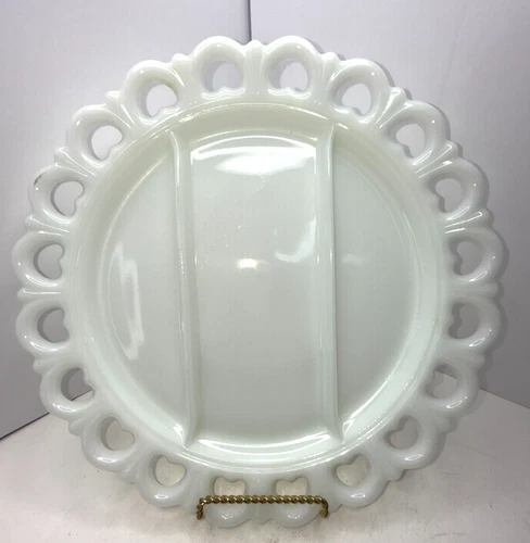 Vintage Anchor Hocking 13" Large Lace Heart Milk Glass Divided Serving Platter