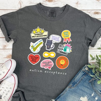 Autism Acceptance Sticker Chart 2D T-Shirt Adult Graphic Tee Neurodiversity