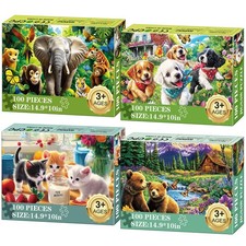 100 Piece Puzzles for Kids - 4-Pack Wildlife Pet Adventure Jigsaw - Learning