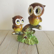 Vintage Norcrest Ceramic Owls On Branch Figurine Big Eyes Japan 4.5" tall