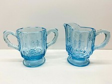 Vintage Blue Glass Embossed Grape Pattern Cream & Sugar Set