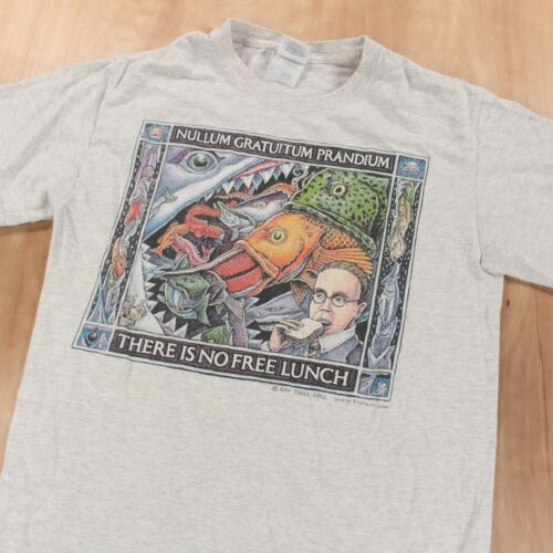 vtg 00s y2k There Is No Free Lunch fish t-shirt SMALL 2002 Ray Troll art tee - Afbeelding 1 van 6
