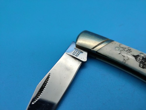 Rough Rider Etched Lighthouse Design Pocket Knife RR133 China Cattle Scrimshaw - Picture 3 of 7