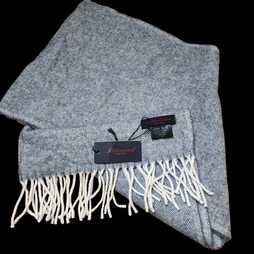 Barbarossa Scarf Wool Blend Unisex Gray Herringbone Beige Fringe Italy Gift New - Picture 3 of 12