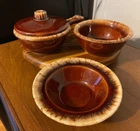 HULL USA Brown Drip Glaze (1) 12oz SOUP CROCK w/LID & 2 SOUP BOWLS -10oz/6oz-XPO