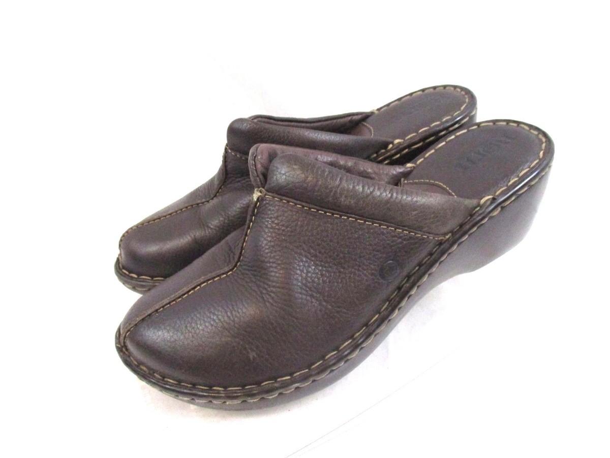 Born Women Slip On Brown Leather Mule Sz 8 Wedge Heel Clog 