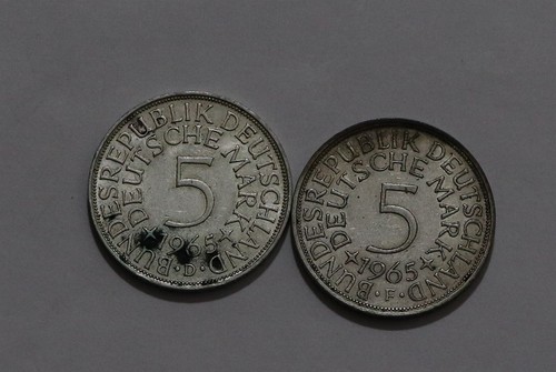 🧭 🇩🇪 GERMANY FEDERAL 5 MARK 1965 D + 1965 F BOTH SILVER B79 #12 III50