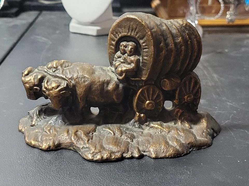 Antique Cast Bronze Oxen Pulling Wagon Doorstop Signed AVL - Image 2 of 4