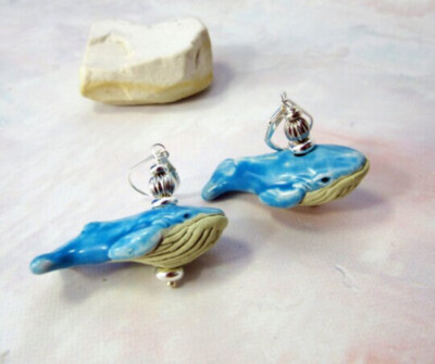 BLUE WHALE EARRINGS, ocean themed gift, hand painted whale animal