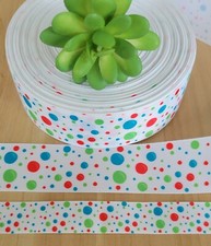 7/8  1.5" 1 YD Blue Green Red Polka Dot Cheer Bow Grosgrain Ribbon Christmas