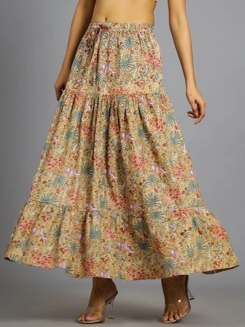 Indian Beige Floral Frill Skirt Cotton Long Skirts Free Size Beachwear Skirts AU