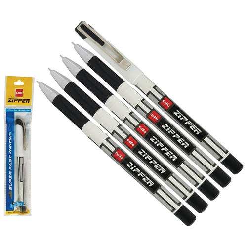 5 x BIC CELLO Zipper 0.7mm BLACK Ballpoint Pens Better Grip Super Fast