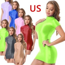 Women Oil Glossy Bodycon Dress Mock Neck Short Sleeves Sexy Babydoll Lingerie